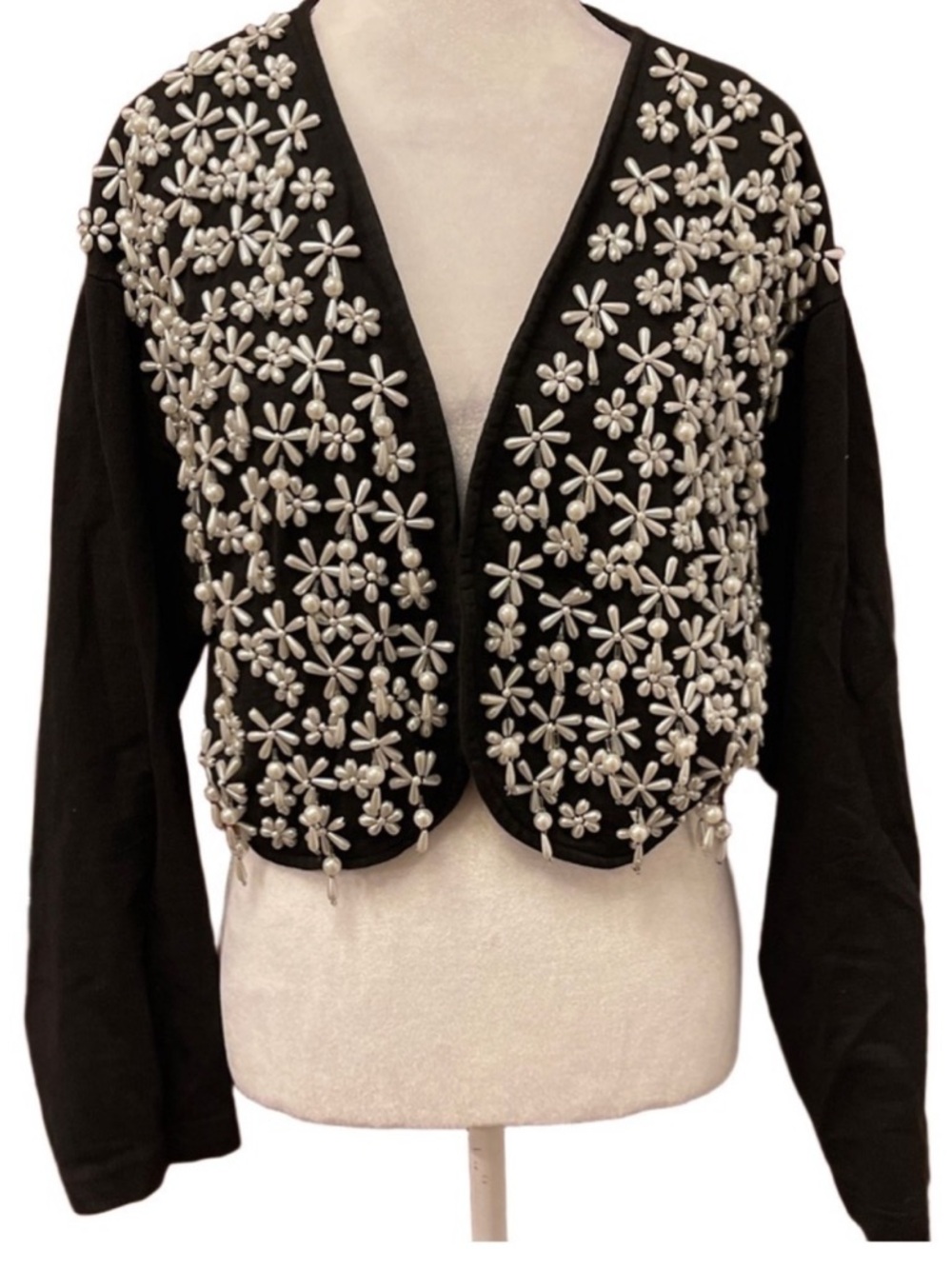 Vintage Pearl Beaded Floral Jacket Black Cropped Open Front Glam L